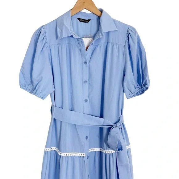 Pretty Garden Button Down Shirt Dress Short Puffy Sleeve Tiered Light Blue - Picture 4 of 8